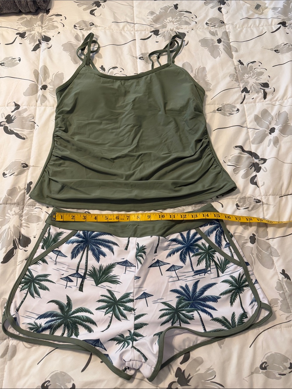 SHEIN Olive Green Tankini Top with Palm-Print Swim Shorts - NEW WITHOUT TAGS